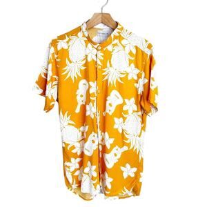 Fiffers Camp Shirt Mens Sz M Mandarin Collar Hawaiian Floral Guitar Print Top